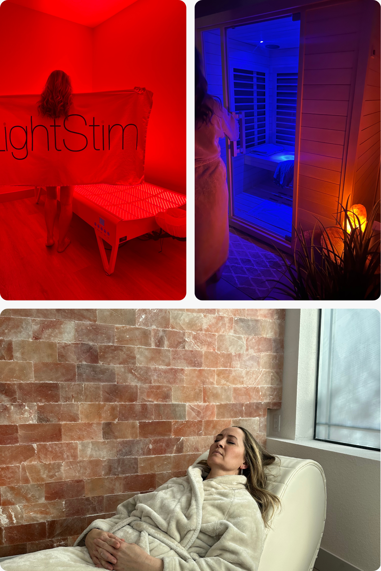 Three pictures. One of LED light bed, one of blue sauna, one of woman relaxing in front of salt wall.